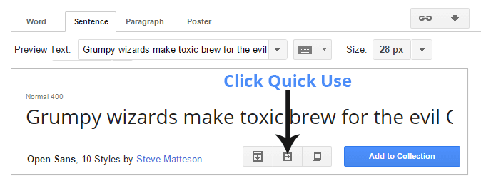 Select Google webfont and click quickuse button
