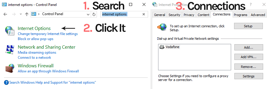 first and second step to change internet settings