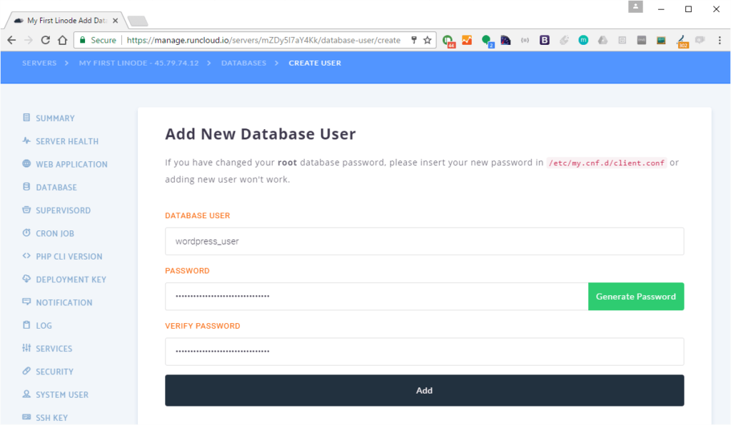 add database user for wordpress and password