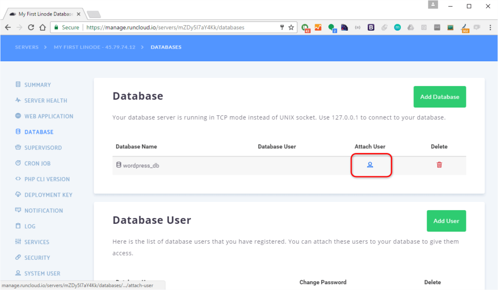 attach user to previously created database