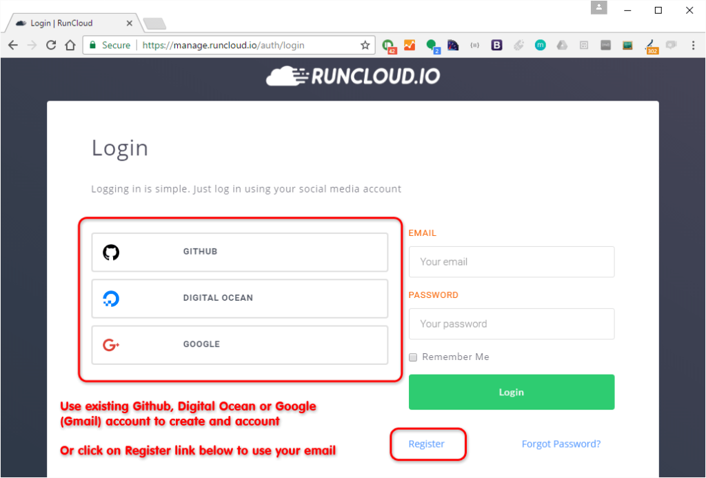 register account on runcloud with social media or github