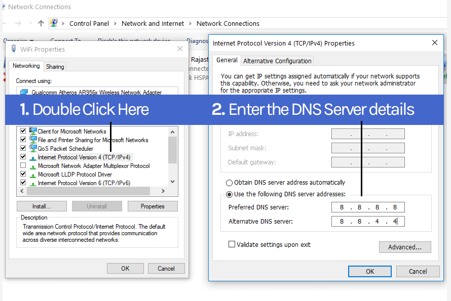 add the following custom DNS server addresses